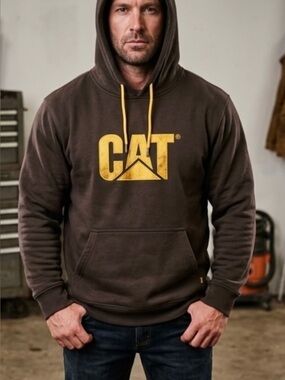 CAT Men’s Crewneck Hoodie in Brown with Yellow Logo